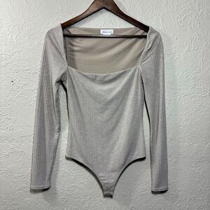 Lovers + Friends Revolve‎ Bodysuit Small Ribbed Square Neck Tan Neutral Bodycon